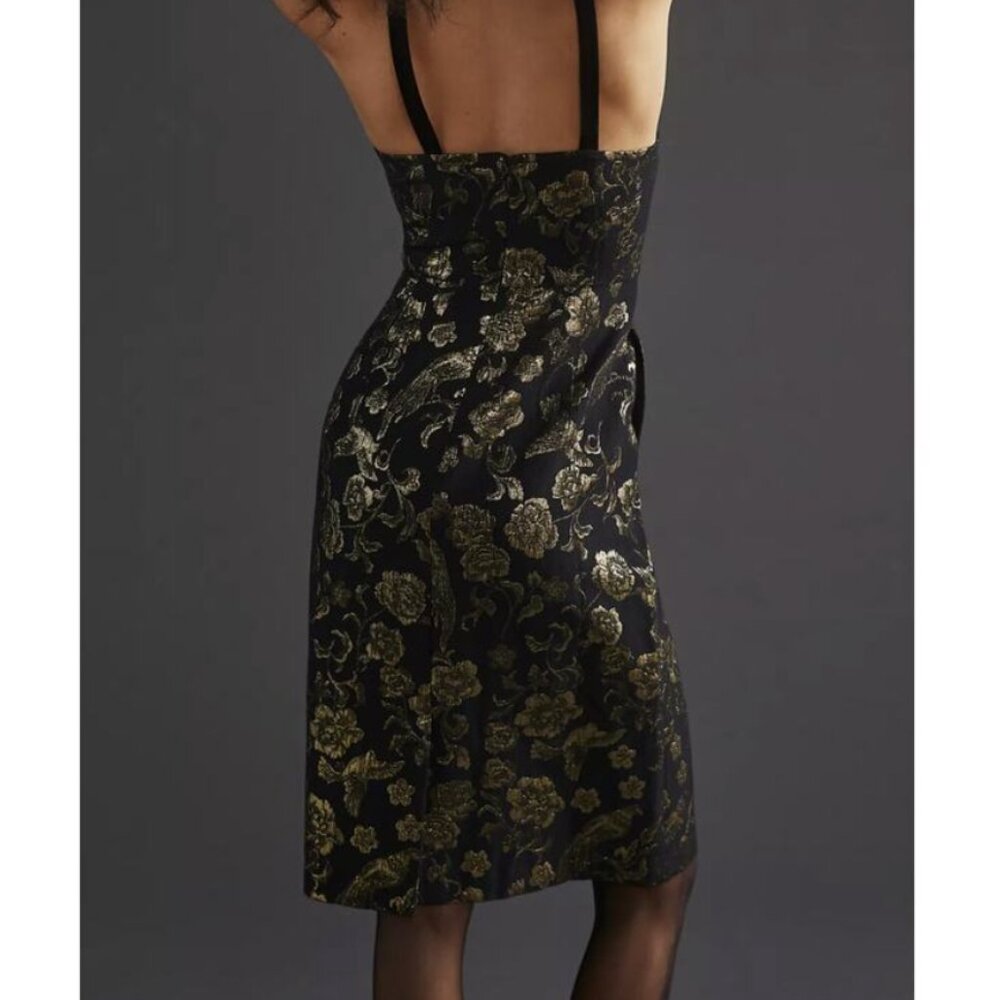 Anthropologie Maeve Black & Gold Floral Birds Jacquard Dress - Picture 3 of 16